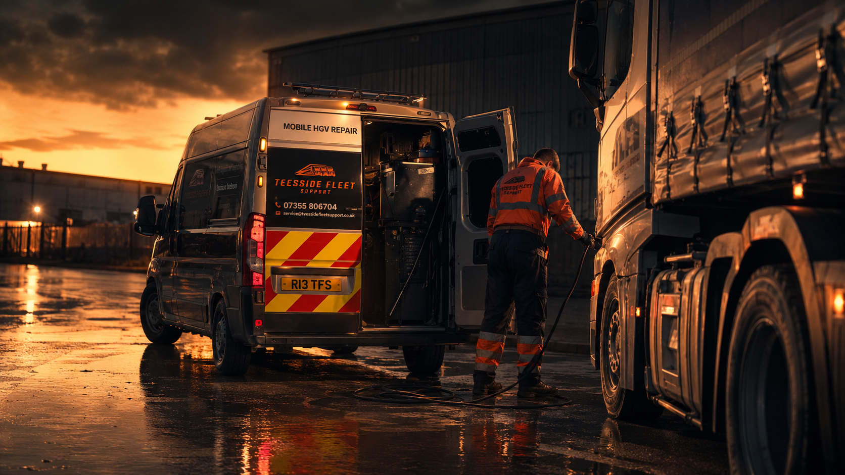 Teesside Fleet Support mobile HGV repair van working beside a truck